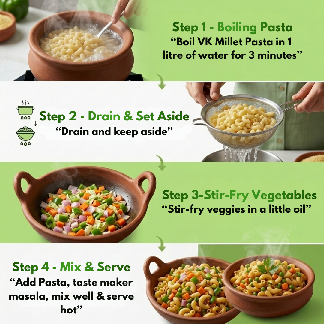 VK Stores Little Millet Macaroni Pasta (95% Little Millet) | Non-Fried | High Fiber | Healthy Hakka Style Pasta | No Artificial Colors or Preservatives