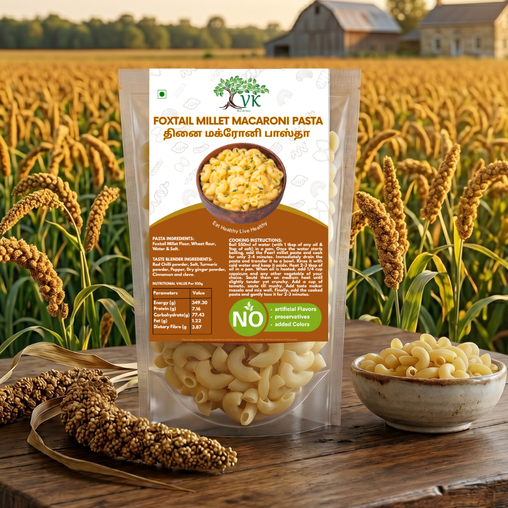 VK Foxtail Millet Macaroni Pasta (95% Foxtail Millet) | Non-Fried | High Fiber | Healthy Millet Pasta | No Artificial Colors, Flavours & Preservatives