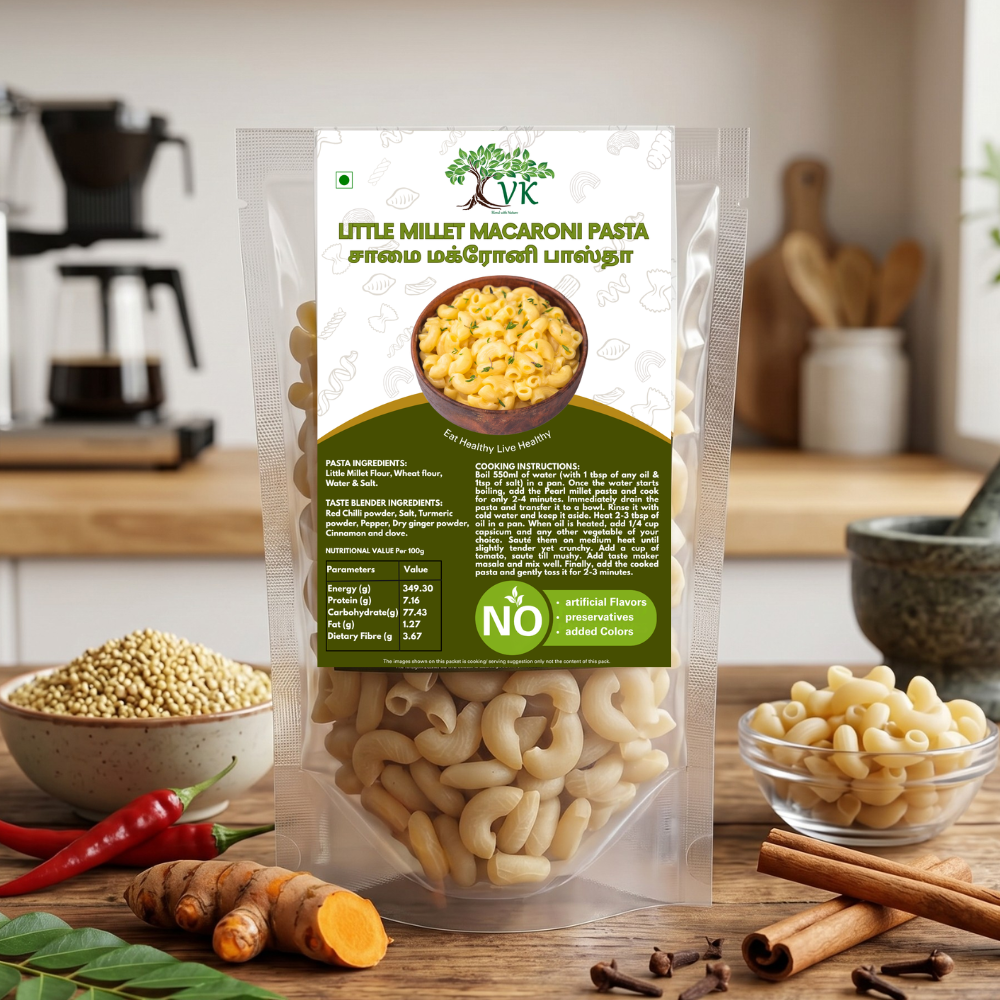 VK Stores Little Millet Macaroni Pasta (95% Little Millet) | Non-Fried | High Fiber | Healthy Hakka Style Pasta | No Artificial Colors or Preservatives