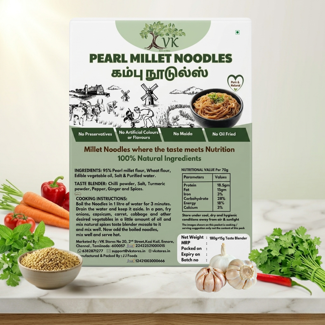 VK Pearl Millet Noodles (95% Millet) – No Maida, Non-Fried, Natural & Healthy Noodles (180g)
